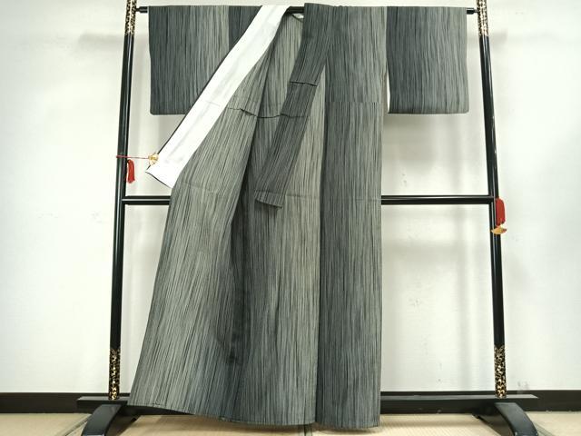 平和屋着物▽お召 単衣 縞 正絹 逸品 AABC3740fy