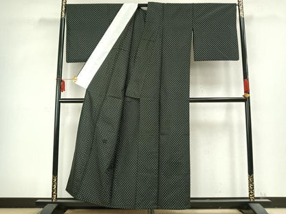 平和屋着物▽上質な紬 単衣 十字絣 黒地 正絹 逸品 AABC3742fy