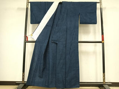 平和屋着物▽上質な紬 単衣 縞 正絹 逸品 AABC3749fy