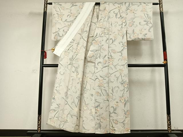 平和屋着物▽上質な小紋 単衣 草花文 正絹 逸品 AABC3758fy
