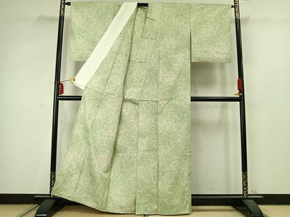平和屋着物▽上質な紬 単衣 草花文 正絹 逸品 AABC3776fy