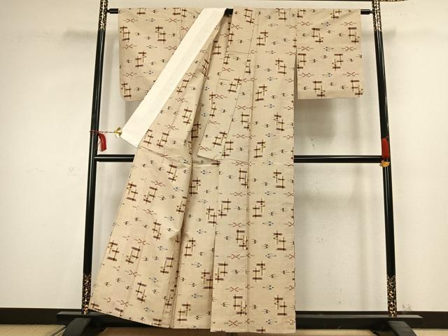 平和屋着物▽上質な紬 単衣 絣柄 正絹 逸品 AABC3785fy