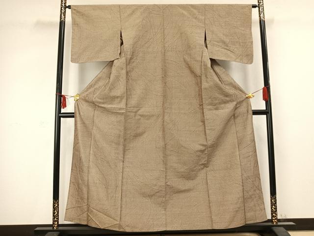 平和屋着物▽上質な紬　単衣　草葉文　正絹　逸品　AABC3788fy