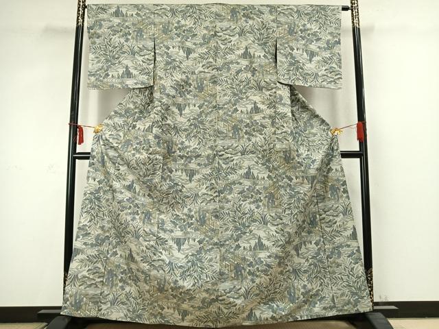平和屋着物▽上質な紬 単衣 草花文 正絹 逸品 AABC3790fy