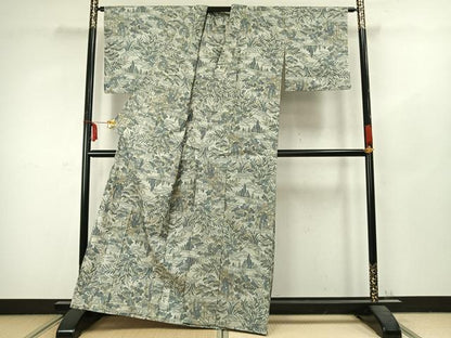平和屋着物▽上質な紬 単衣 草花文 正絹 逸品 AABC3790fy