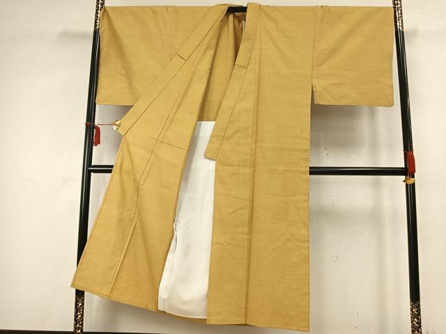 平和屋着物▽男性 紬 単衣 色無地 芥子色 キングサイズ 正絹 逸品 AABC3791fy