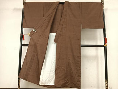 平和屋着物▽男性 紬 単衣 色無地 黄枯茶色 キングサイズ 正絹 逸品 AABC3792fy