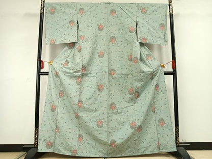 平和屋着物▽上質な紬　単衣　雪輪草花文　正絹　逸品　AABC3794fy