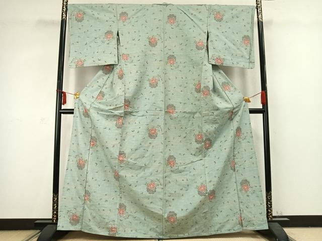 平和屋着物▽上質な紬　単衣　雪輪草花文　正絹　逸品　AABC3794fy