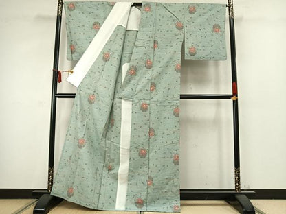 平和屋着物▽上質な紬　単衣　雪輪草花文　正絹　逸品　AABC3794fy