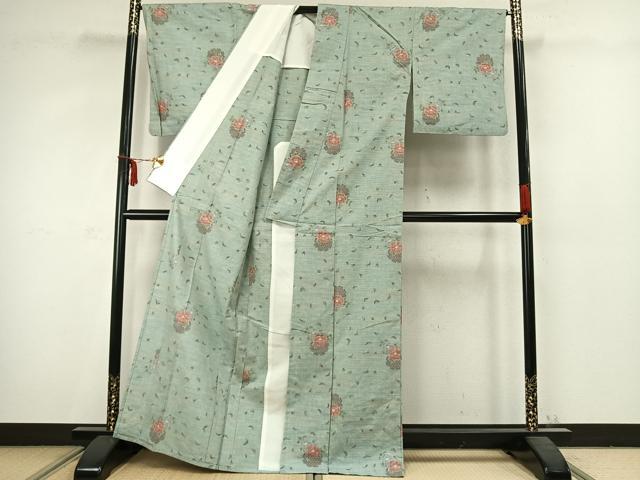 平和屋着物▽上質な紬　単衣　雪輪草花文　正絹　逸品　AABC3794fy