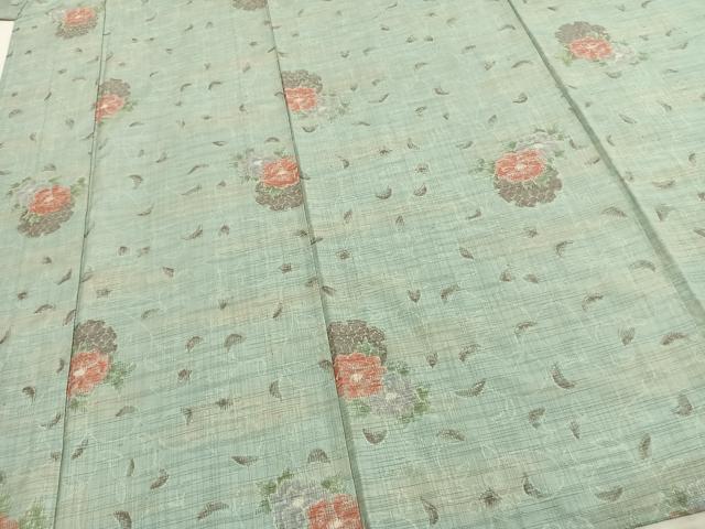 平和屋着物▽上質な紬　単衣　雪輪草花文　正絹　逸品　AABC3794fy