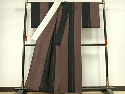 平和屋着物▽本塩沢 単衣 間道 正絹 逸品 AABC3799fy