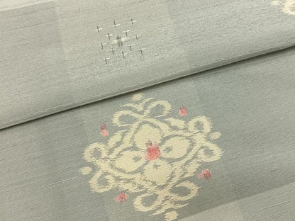 平和屋着物▽本場越後伝承紬 単衣 吉祥花文 反端付き 正絹 逸品 AABC3802fy