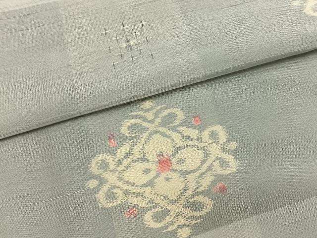 平和屋着物▽本場越後伝承紬 単衣 吉祥花文 反端付き 正絹 逸品 AABC3802fy