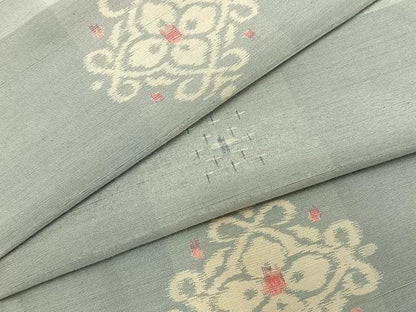 平和屋着物▽本場越後伝承紬 単衣 吉祥花文 反端付き 正絹 逸品 AABC3802fy