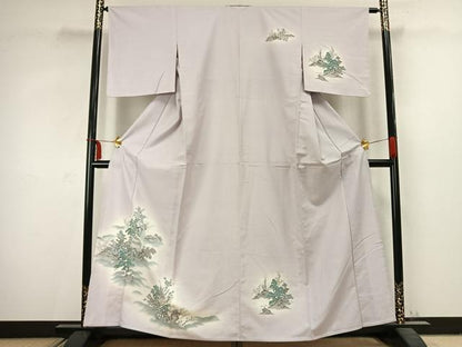 平和屋着物▽訪問着 単衣 紬地 風景文 暈し染め 銀彩 正絹 逸品 未使用 AABC3808fy
