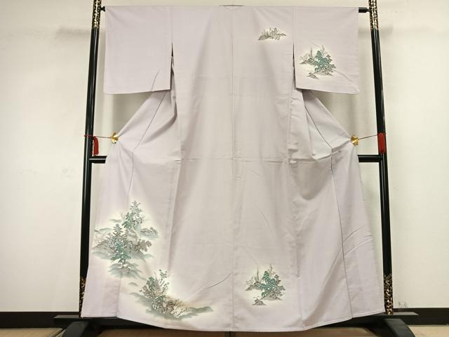 平和屋着物▽訪問着 単衣 紬地 風景文 暈し染め 銀彩 正絹 逸品 未使用 AABC3808fy