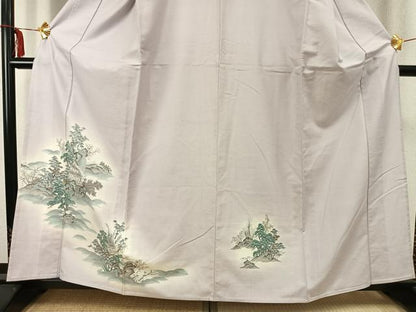 平和屋着物▽訪問着 単衣 紬地 風景文 暈し染め 銀彩 正絹 逸品 未使用 AABC3808fy