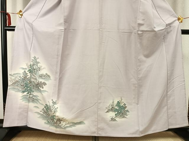 平和屋着物▽訪問着 単衣 紬地 風景文 暈し染め 銀彩 正絹 逸品 未使用 AABC3808fy