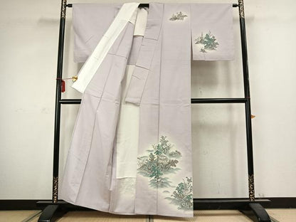 平和屋着物▽訪問着 単衣 紬地 風景文 暈し染め 銀彩 正絹 逸品 未使用 AABC3808fy