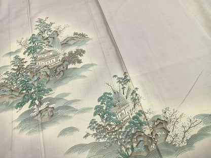平和屋着物▽訪問着 単衣 紬地 風景文 暈し染め 銀彩 正絹 逸品 未使用 AABC3808fy