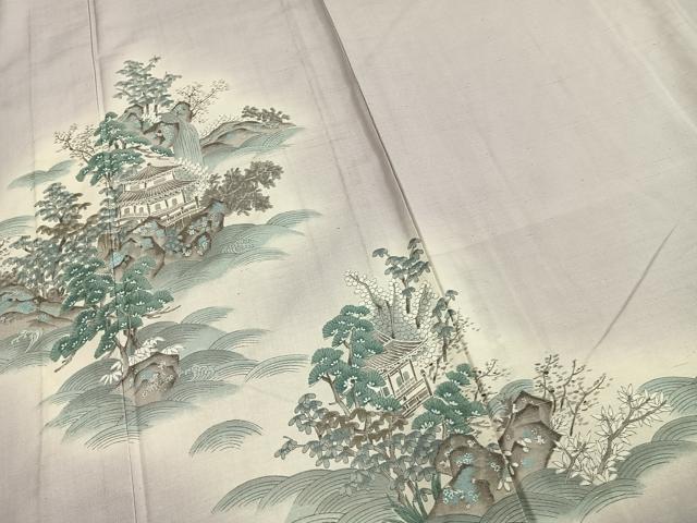 平和屋着物▽訪問着 単衣 紬地 風景文 暈し染め 銀彩 正絹 逸品 未使用 AABC3808fy