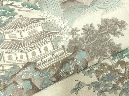 平和屋着物▽訪問着 単衣 紬地 風景文 暈し染め 銀彩 正絹 逸品 未使用 AABC3808fy