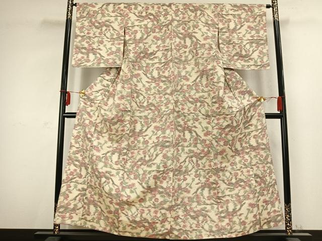 平和屋着物▽上質な紬　単衣　草花文　正絹　逸品　未使用　AABC3811fy