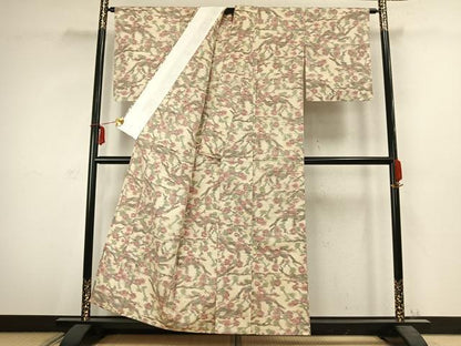 平和屋着物▽上質な紬　単衣　草花文　正絹　逸品　未使用　AABC3811fy