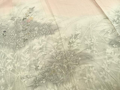 平和屋着物▽訪問着　単衣　手描き　刺繍　草花文　暈し染め　鬼しぼ縮緬　正絹　逸品　AABC3812fy