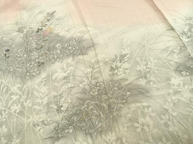 平和屋着物▽訪問着　単衣　手描き　刺繍　草花文　暈し染め　鬼しぼ縮緬　正絹　逸品　AABC3812fy