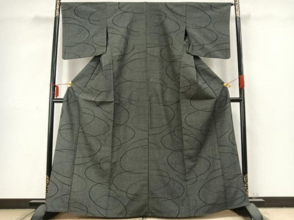 平和屋着物▽本塩沢　単衣　110亀甲　抽象文様　黒地　正絹　逸品　AABC3834fy