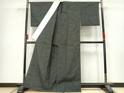 平和屋着物▽本塩沢　単衣　110亀甲　抽象文様　黒地　正絹　逸品　AABC3834fy