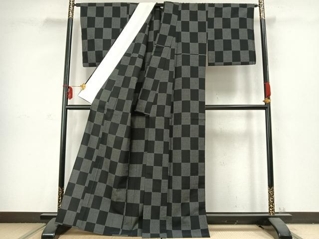 平和屋着物▽塩沢亀甲絣 単衣 110亀甲 市松文様 証紙付き 正絹 逸品 AABC3835fy