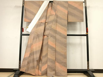 平和屋着物▽菅原工房 菅原結作 漢方染紬 単衣 斜縞 証紙付き 正絹 逸品 AABC3836fy