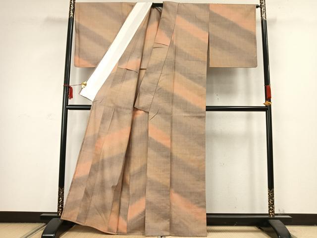 平和屋着物▽菅原工房 菅原結作 漢方染紬 単衣 斜縞 証紙付き 正絹 逸品 AABC3836fy
