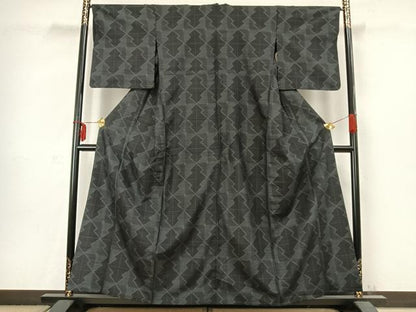 平和屋着物▽上質な紬　単衣　幾何学文様　正絹　逸品　AABC3837fy