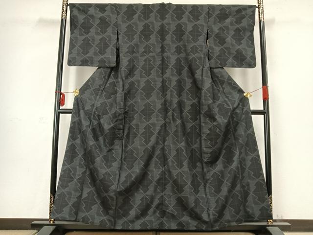 平和屋着物▽上質な紬　単衣　幾何学文様　正絹　逸品　AABC3837fy
