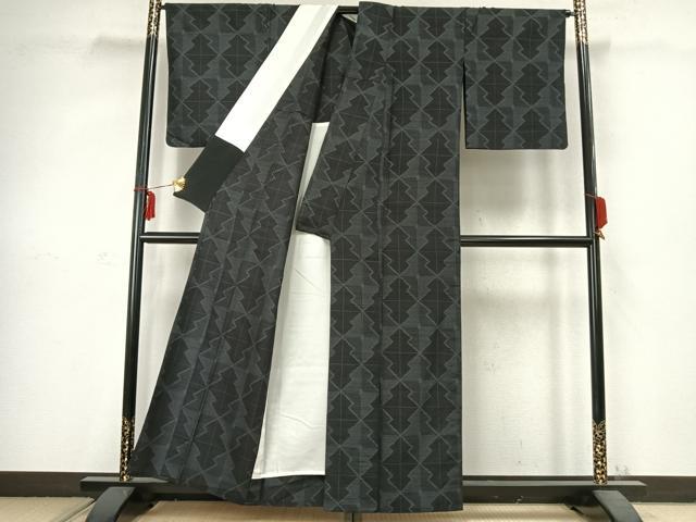 平和屋着物▽上質な紬　単衣　幾何学文様　正絹　逸品　AABC3837fy