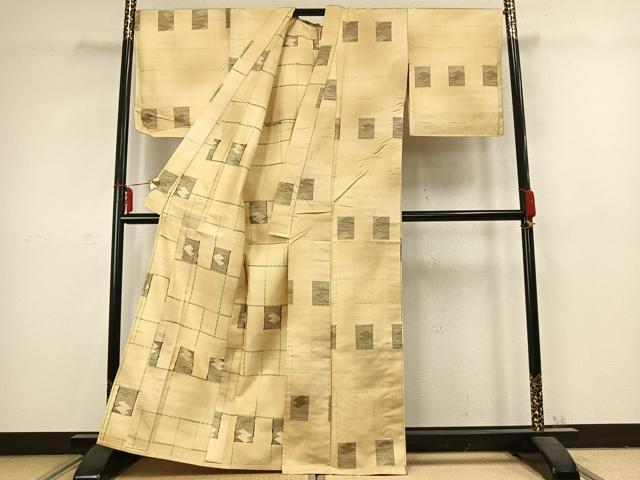 平和屋着物▽上質な紬　単衣　色紙文　正絹　逸品　AABC3838fy