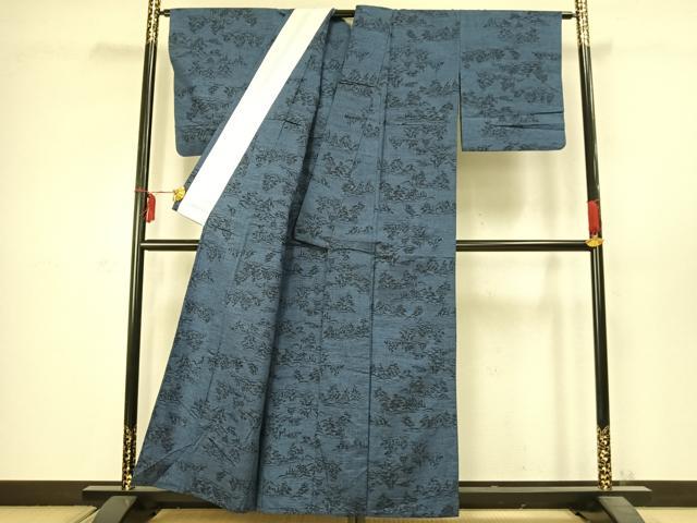 平和屋着物▽上質な紬 単衣 風景文 正絹 逸品 AABC3839fy