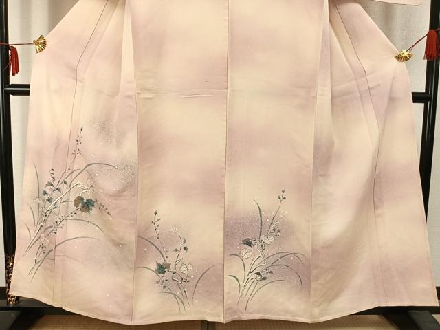 平和屋着物▽訪問着　単衣　手描き　草葉文　暈し染め　正絹　逸品　AABC3840fy