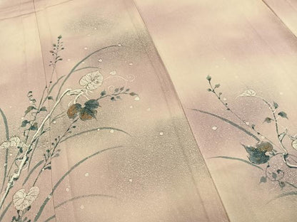 平和屋着物▽訪問着　単衣　手描き　草葉文　暈し染め　正絹　逸品　AABC3840fy