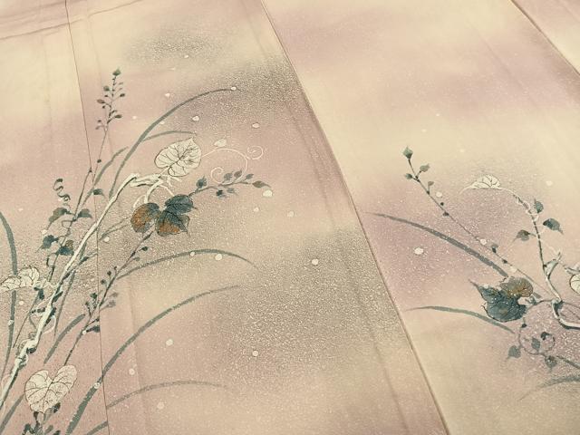 平和屋着物▽訪問着　単衣　手描き　草葉文　暈し染め　正絹　逸品　AABC3840fy