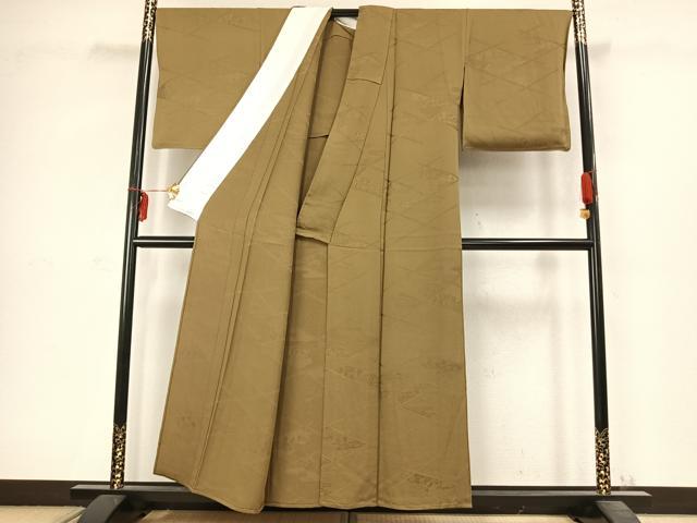 平和屋着物▽上質な色無地 単衣 吉祥地紋 国防色 正絹 逸品 AABC3848fy