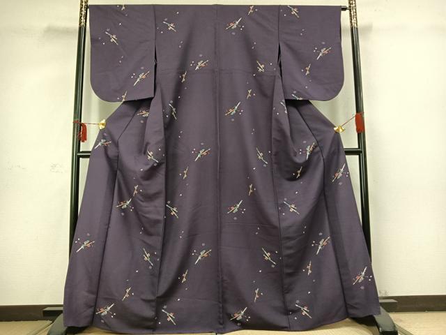 平和屋着物▽小紋 単衣 横笛花文 洗える着物 AABC3851fy