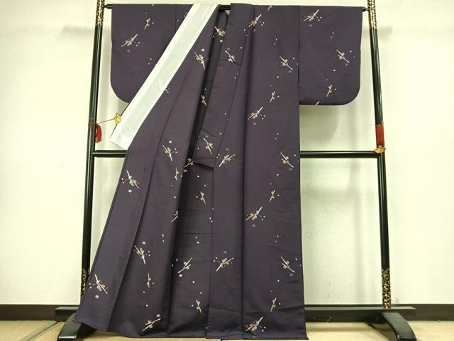 平和屋着物▽小紋 単衣 横笛花文 洗える着物 AABC3851fy