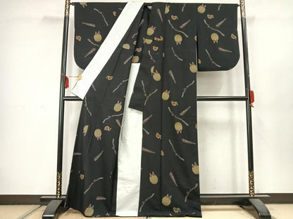 平和屋着物▽小紋 単衣 扇面花文 兎 黒地 洗える着物 AABC3853fy