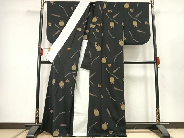 平和屋着物▽小紋 単衣 扇面花文 兎 黒地 洗える着物 AABC3853fy